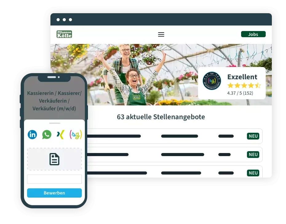 Website for recruiting software with a mobile app showing job offers and sharing options