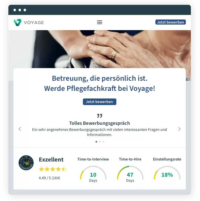 Website for recruiting software with a call to action to apply for a caregiving role at Voyage