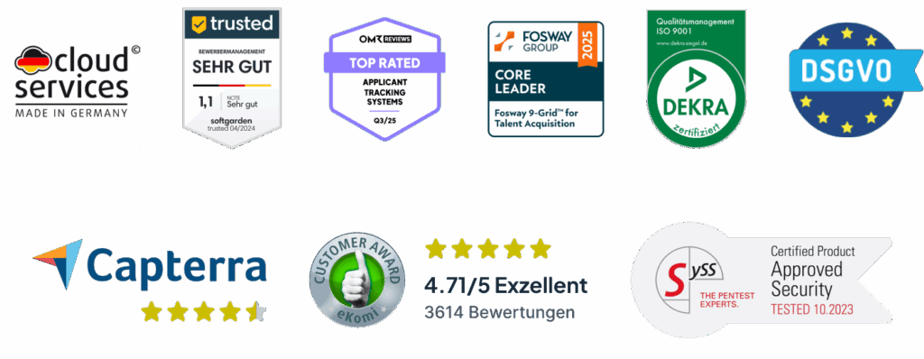 Übersicht der Zertifizierungen und Auszeichnungen für Softgarden Recruiting Software
