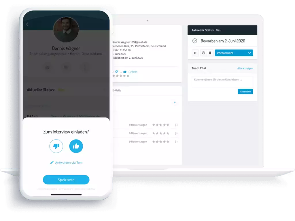 Smartphone displaying interview invitation options over a recruitment management website screen