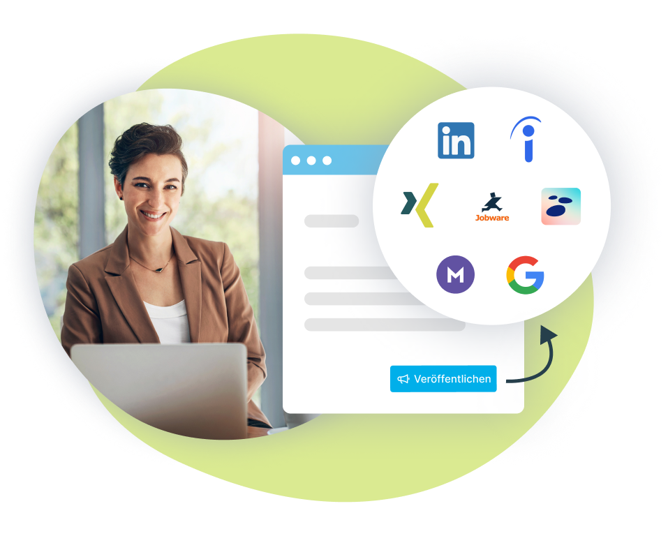 Porträt einer Frau mit Laptop, umgeben von Icons für soziale Medien und Bewerberplattformen