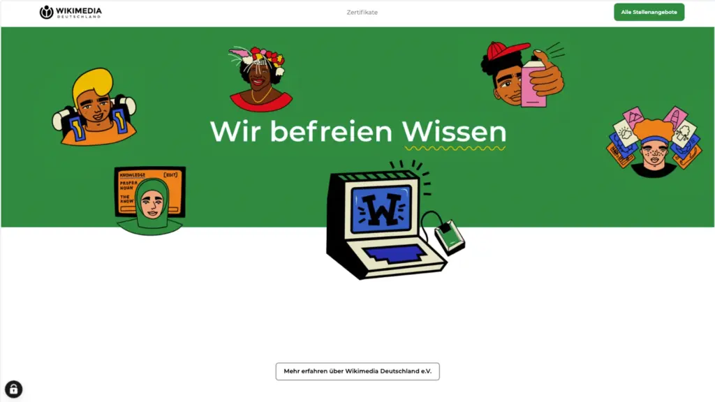 Illustration of diverse characters surrounding a computer with Wikimedia logo, promoting knowle...