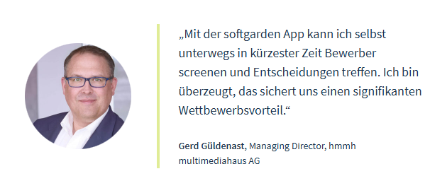 Porträt eines Mannes mit Brille, neben einem Zitat über die softgarden App.