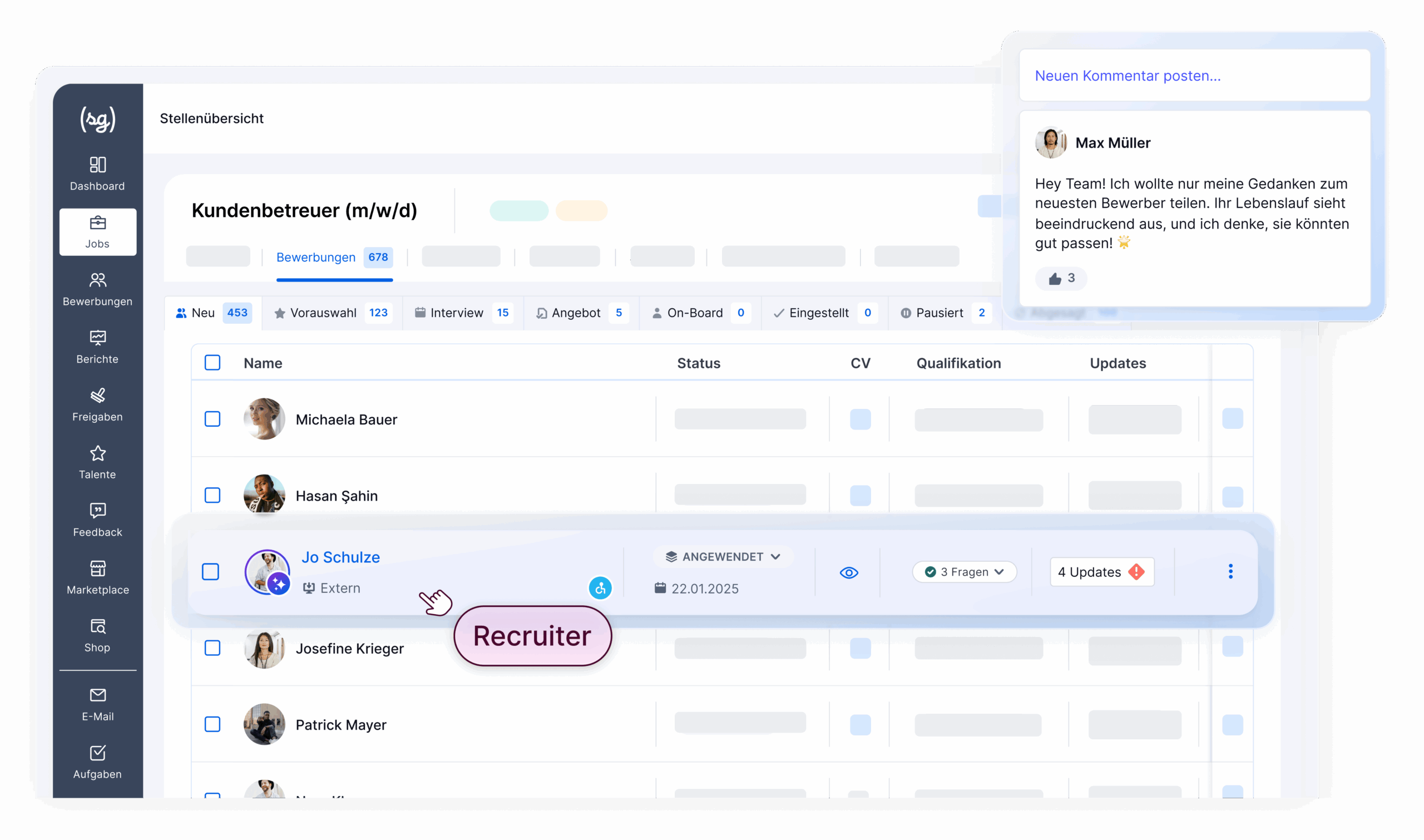 Das Bild zeigt eine stilistische Produktvisualisierung der Bewerbermanagement-Software von softgarden