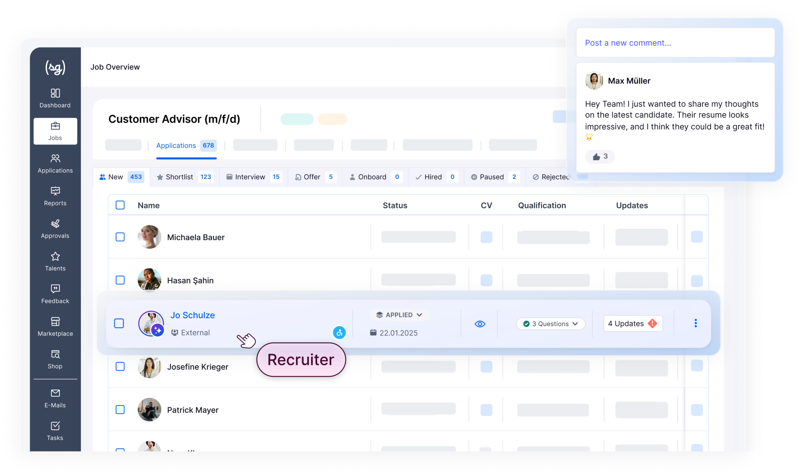 The image shows a stylized product visualization of softgarden’s recruiting software.