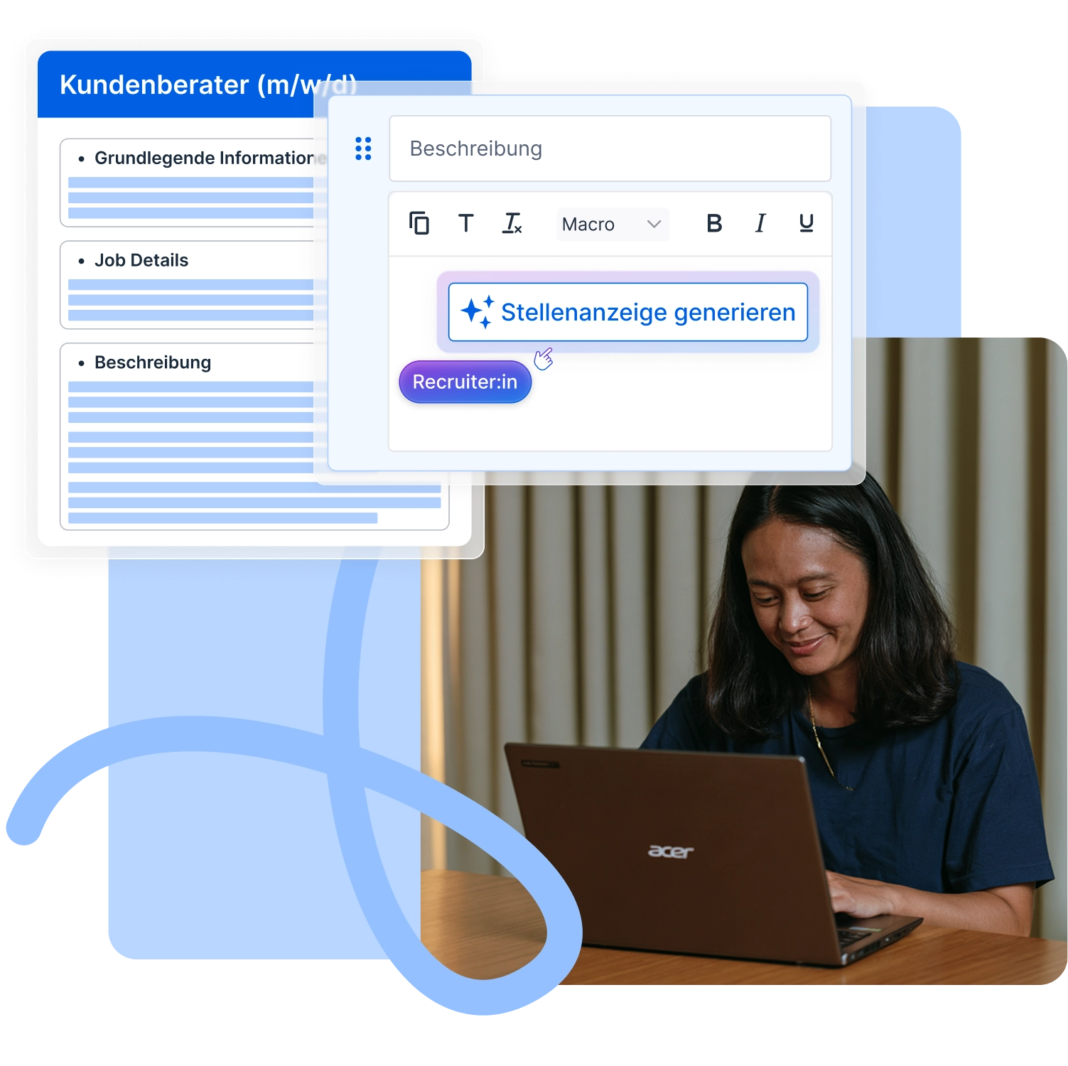 Eine Frau am Laptop nutzt den KI Text Assistant von softgarden.