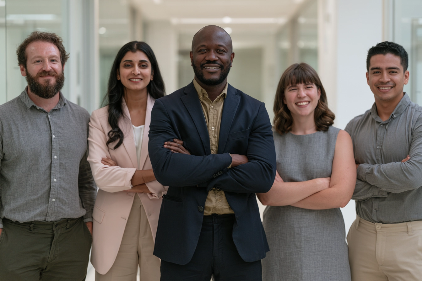 Three colleagues smiling next to each other