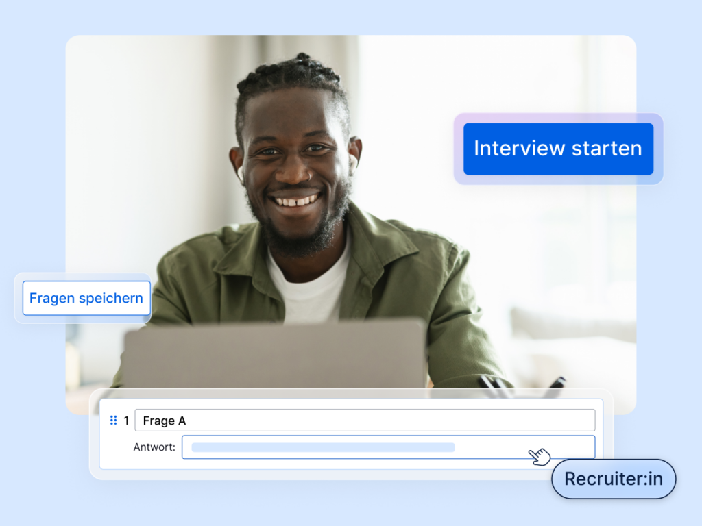 Produktvisualisierung zum KI-Interview-Assistant mit lächelndem Mann im Hintergrund