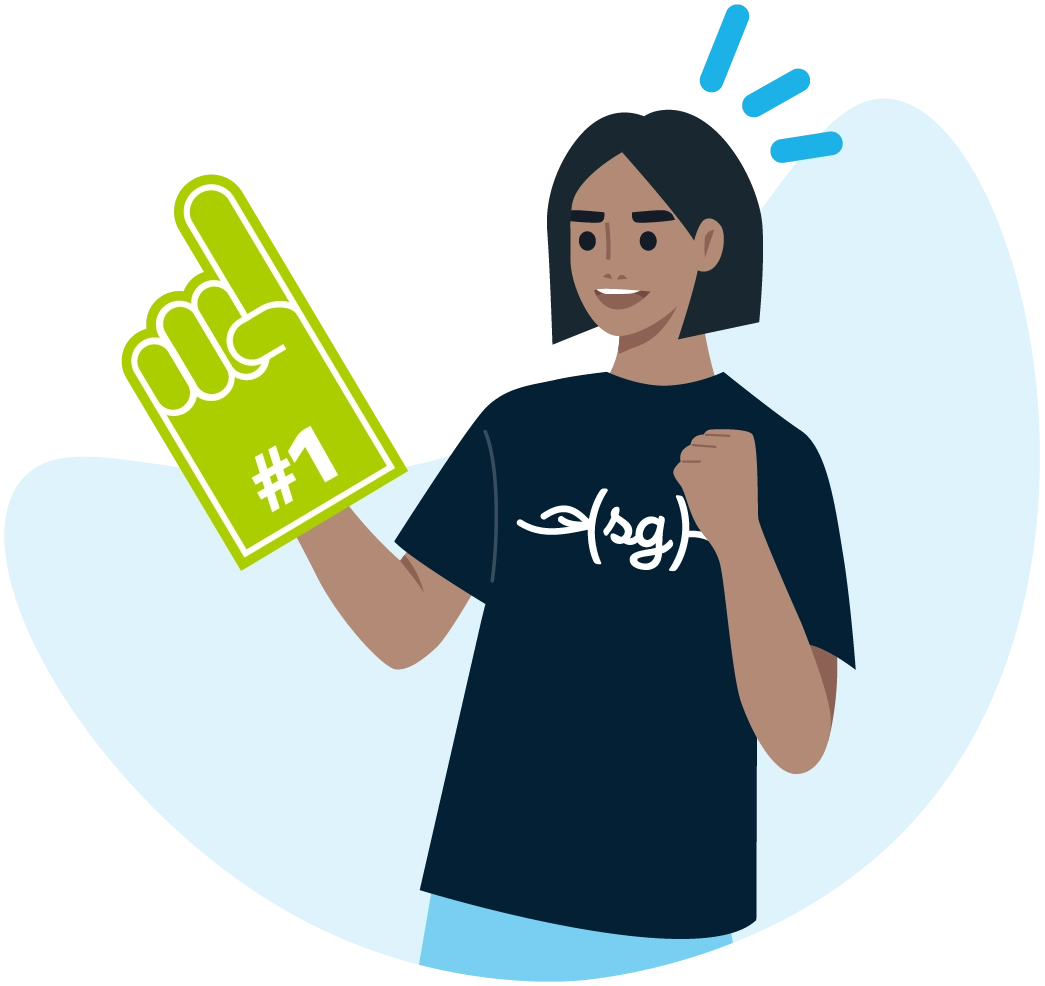 The illustration shows a person wearing a softgarden T-shirt with a large foam mitten labelled "#1" on one hand and the other hand raised in a gesture of victory