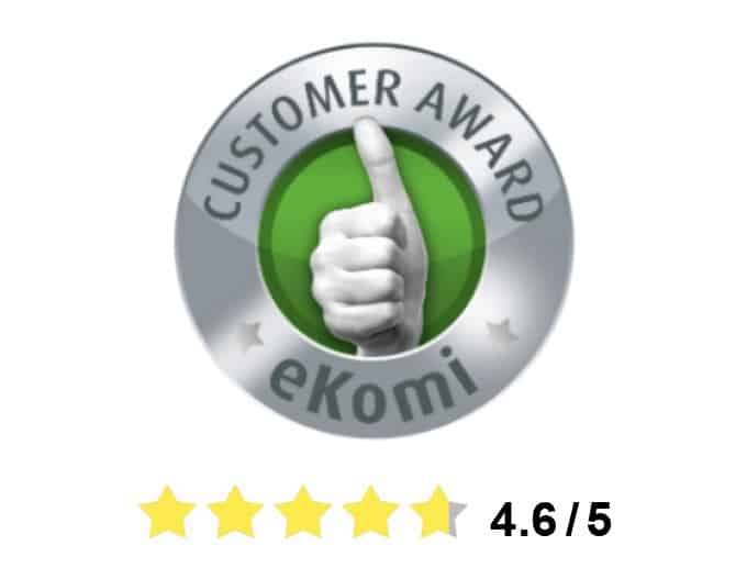 Badge: Customer Award by eKomi. 4,6 out of 5 stars.