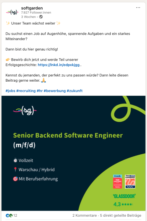 beispiel social recruiting post linkedin Beispiel eines organischen Social Recruiting Posts auf LinkedIn