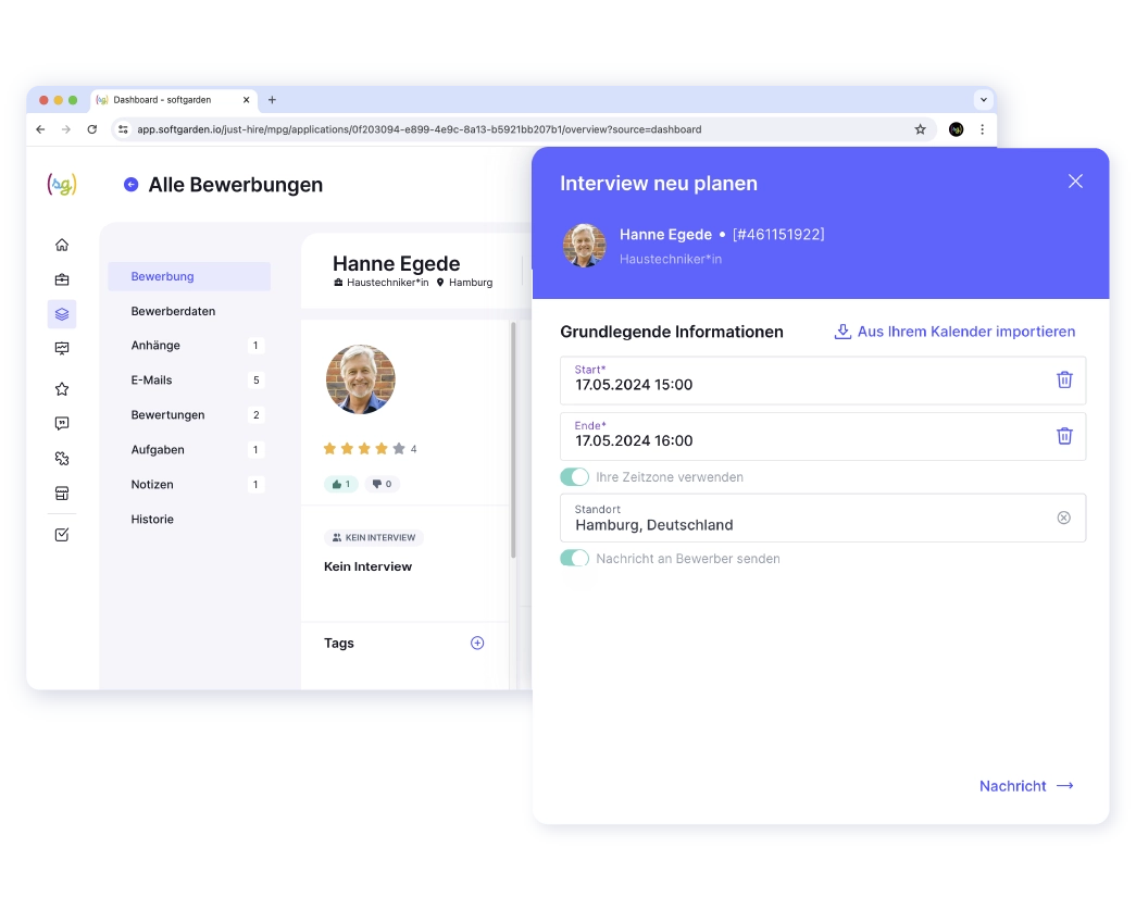 Mit der Bewerbermanagement Software von softgarden kannst Interviews unkompliziert planen, direkt aus der Bewerbungsübersicht heraus.