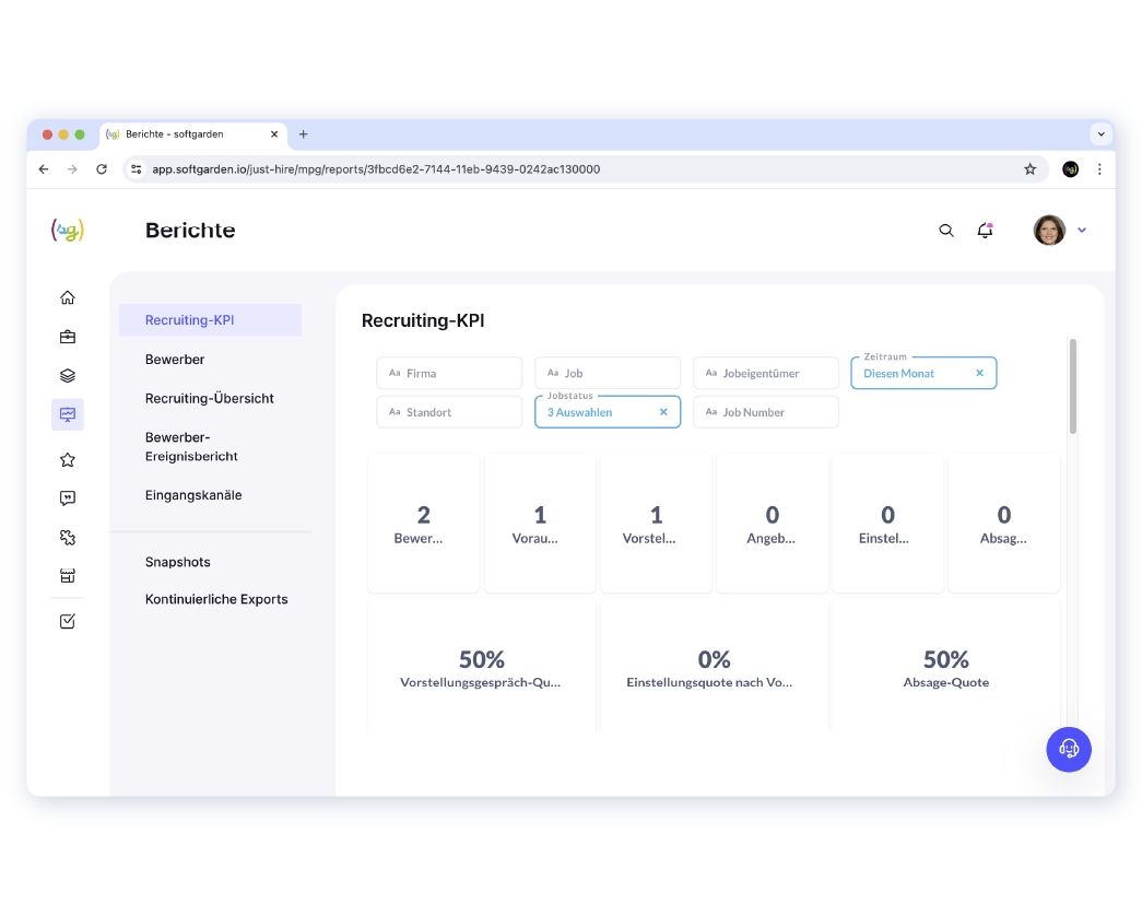 The summary of your recruiting key figures gives you quick information about the efficiency and effectiveness of your recruiting processes and how these change over time