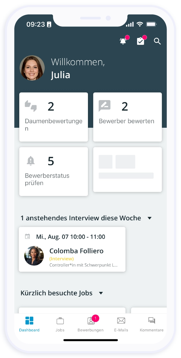 Auf dem Dashboard der Recruiting App findest du die Zusammenfassung der Aktivitäten und Ereignisse in deinem Bewerbermanagementsystem