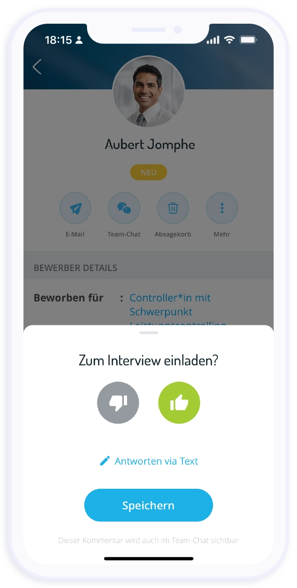 Per Daumenbewertung kann dein Recruiting-Team schnell darüber abstimmen, ob ein*e Kandidat*in zum Bewerbungsgespräch eingeladen werden soll