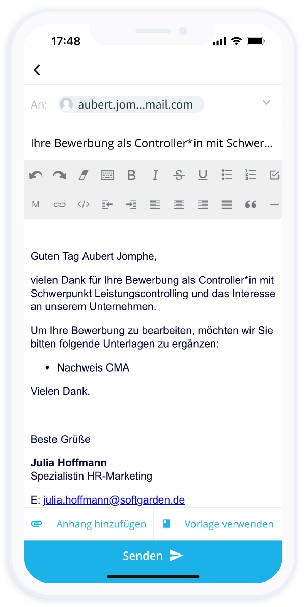 Mit der Recruiting App kannst du bequem aus der App heraus E-Mail-Nachrichten an deine Kandidaten versenden