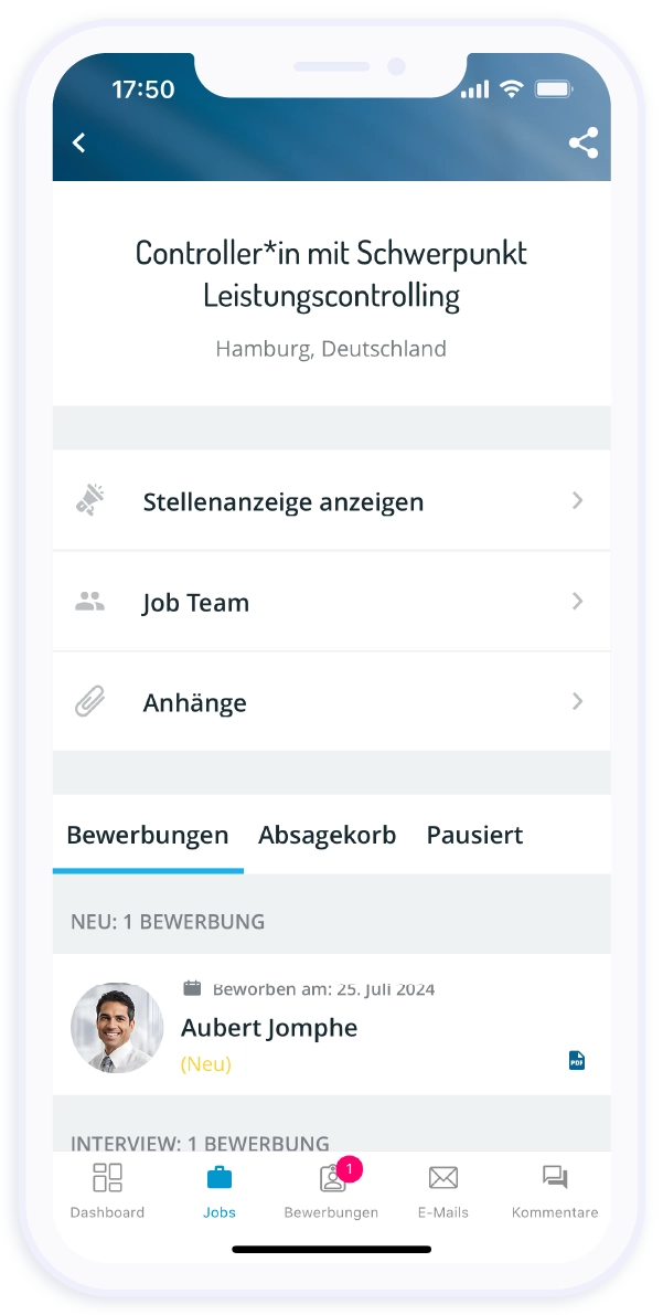 Über das Jobprofil kannst du bequem alle Informationen zur ausgeschriebenen Stelle einsehen und auf alle eingegangenen Bewerbungen zugreifen