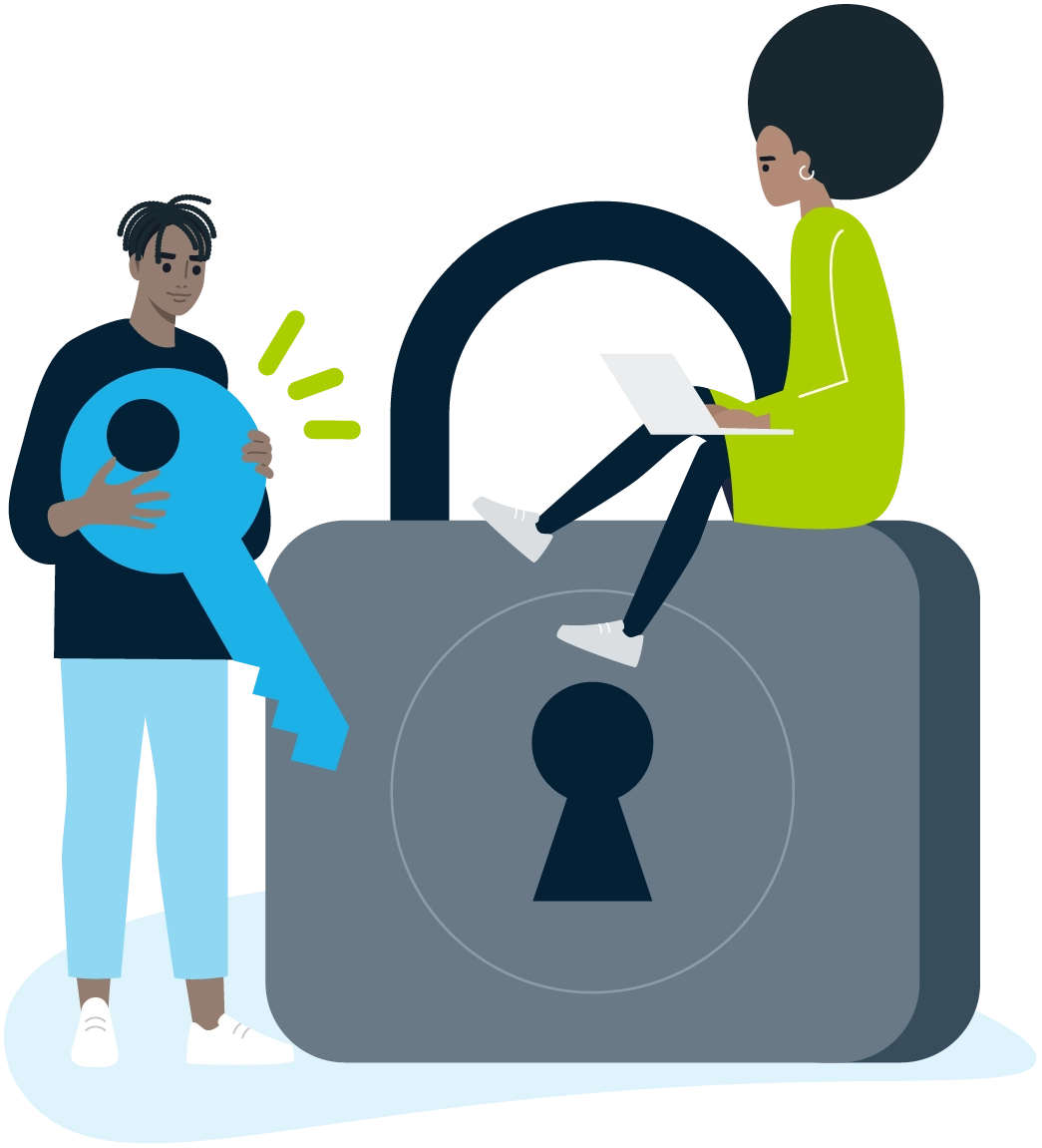 The illustration shows two people, one sitting on a large padlock and the other holding a key