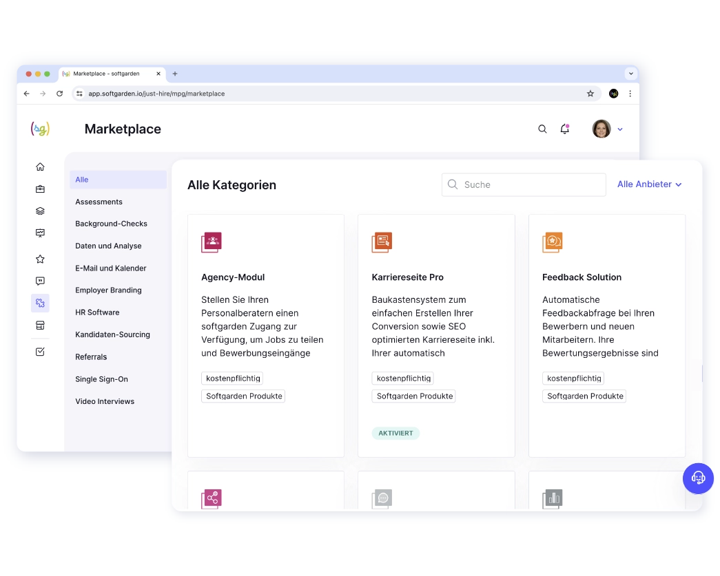 Im softgarden Marketplace findest du alle softgarden Produkte sowie passende Erweiterungen und Drittanbieter-Integrationen