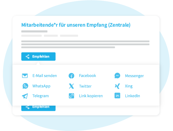 Das Mitarbeiterempfehlungs-Programm bietet Schnittstellen zum Teilen auf Social Media aber auch per E-Mail oder Kurznachrichtendienst