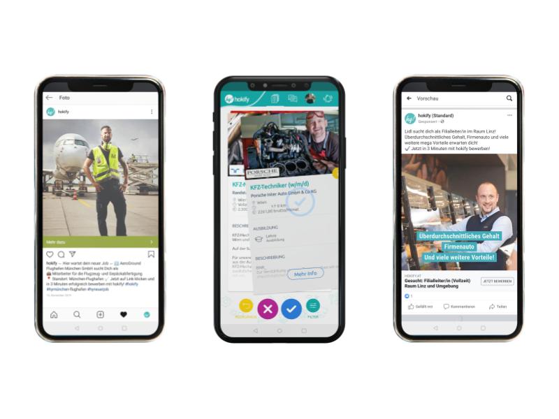 Das Mockups zeigt Beispiele verschiedener Social Media Recruiting Maßnahmen, die mit Hokify durchgeführt wurden