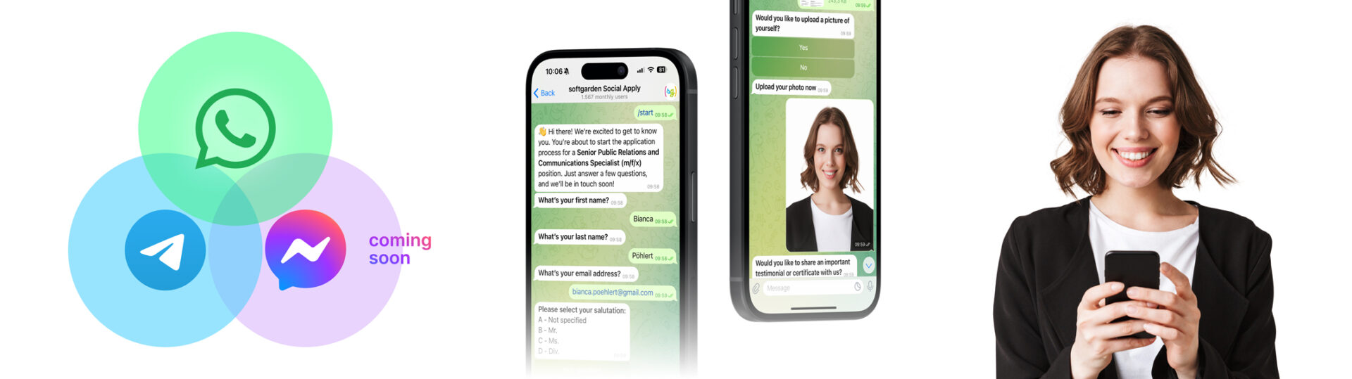 Das Mockup zeigt einen beispielhaften Chatverlauf mit dem Chatbot von softgarden